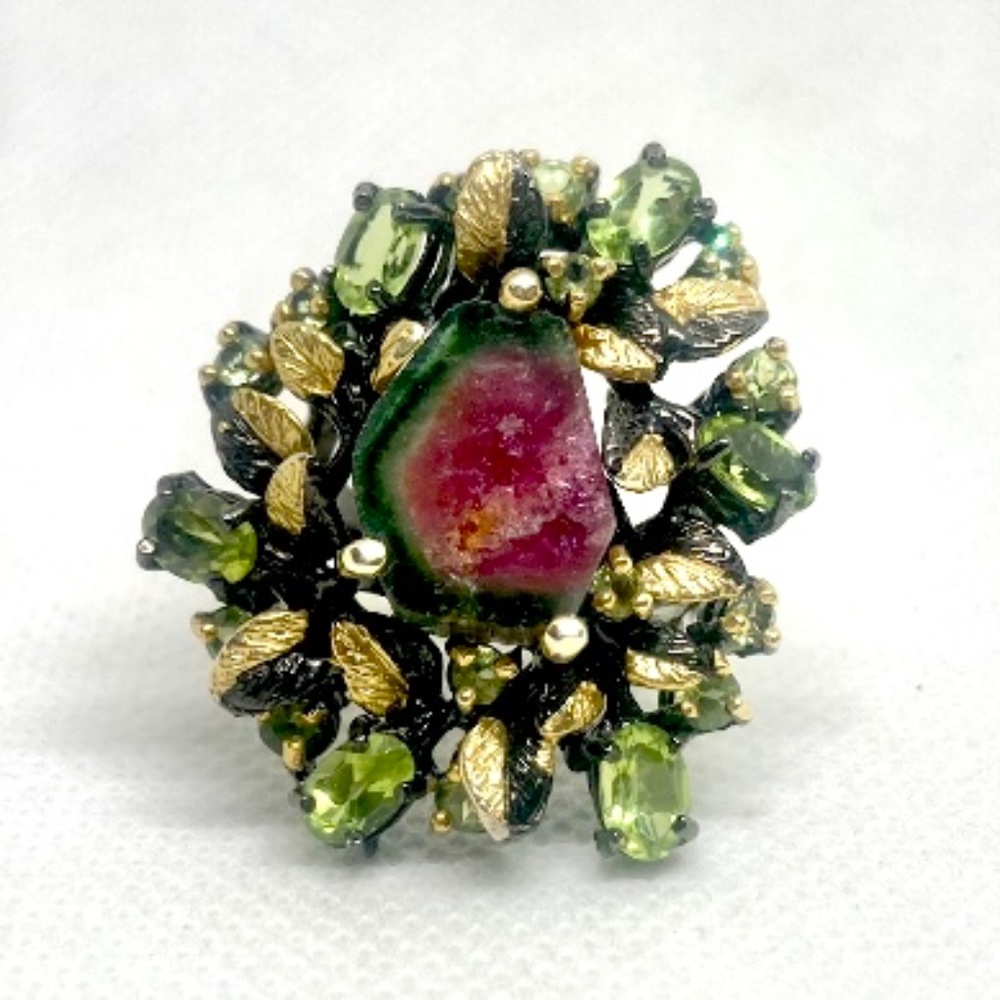 "Flowers anf Gems," Gilded, Watermelon Tourmaline Sterling Ring, Size 9